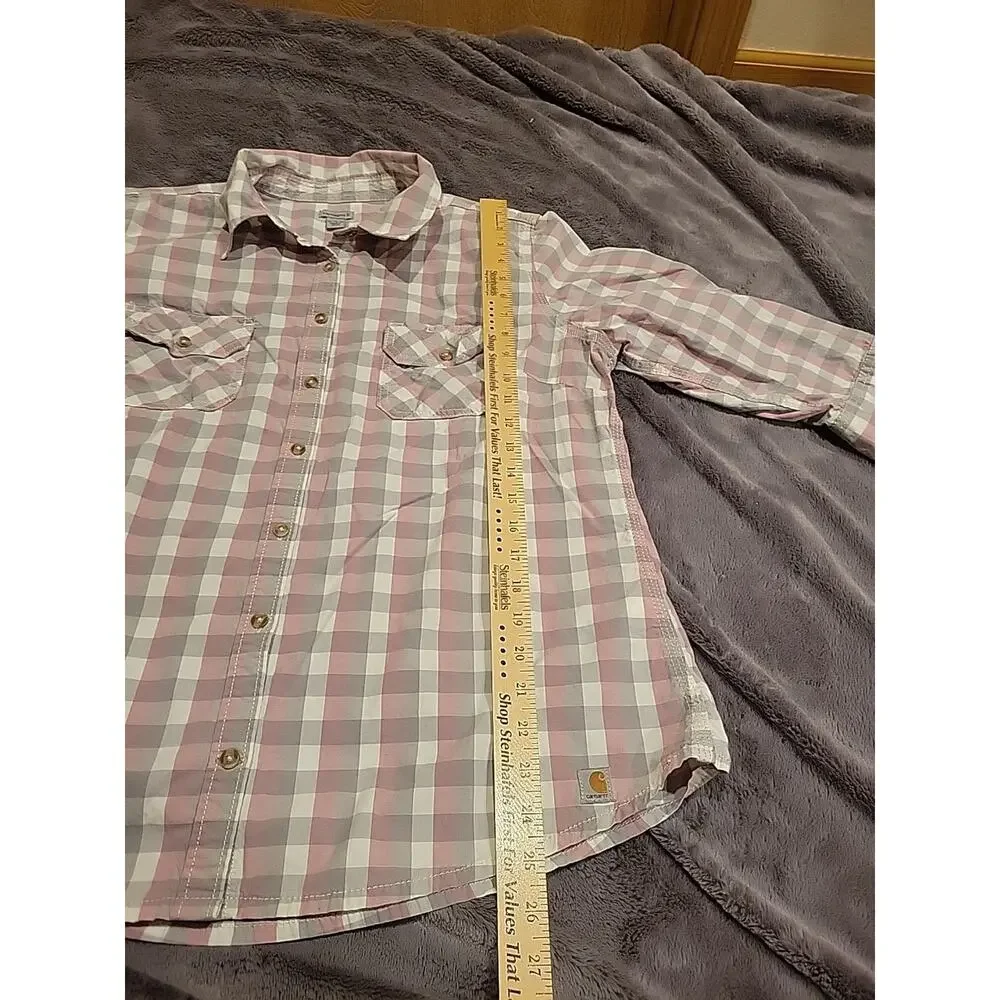 Carhartt Women’s Plaid Button Up Shirt Pink Gray Gingham Workwear